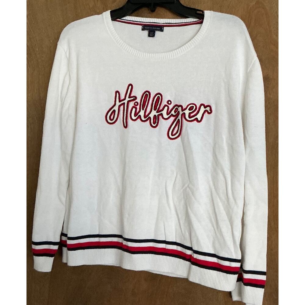 Tommy Hilfiger White Long Sleeve Logo Women's Sweater L (Red White Blue)